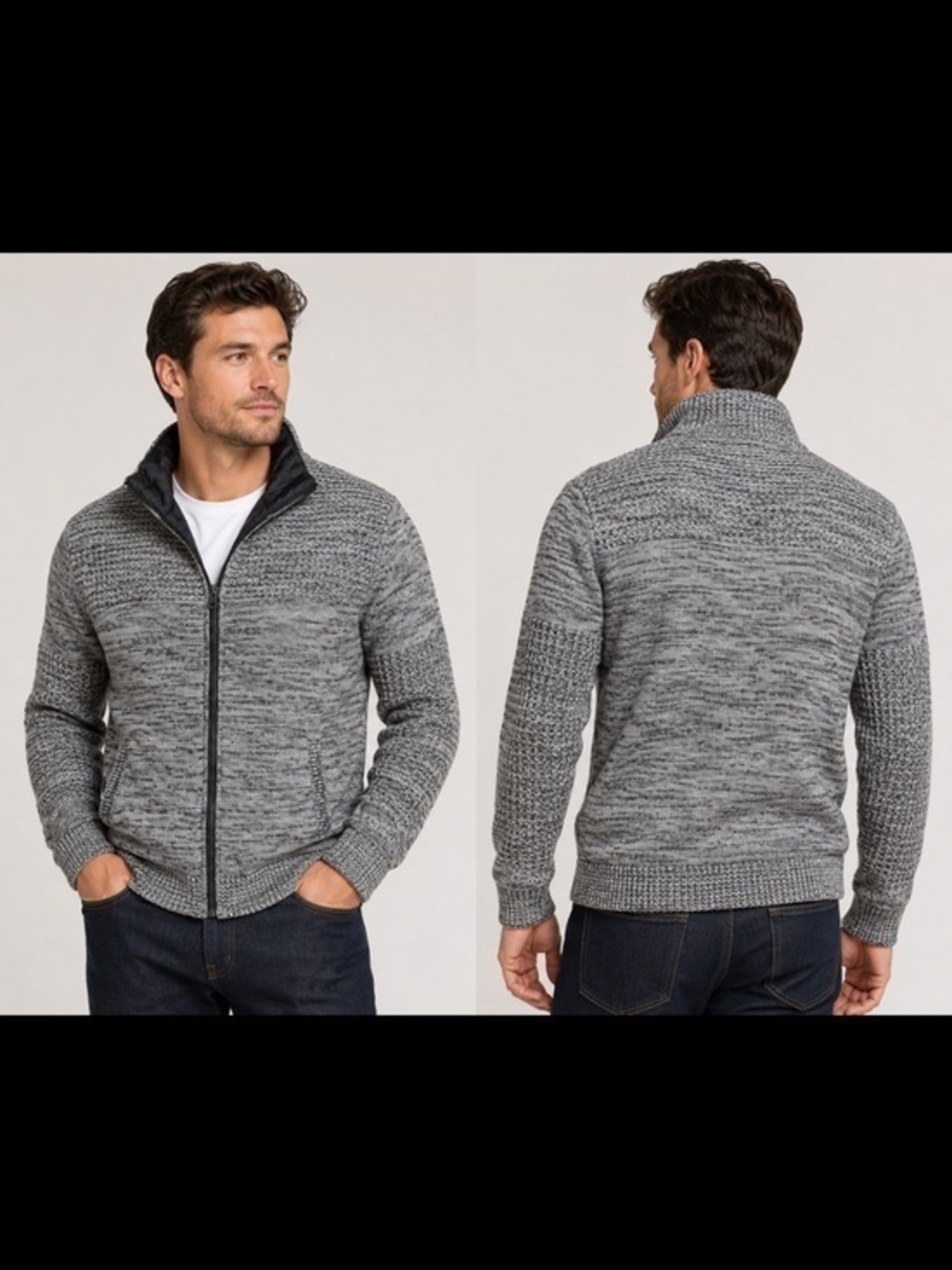 Amongst Others Men’s Gray Marled Knit Quilted Full Zip Jacket L